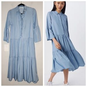 Numph Nuanna Dress Blue Chambray Tiered Midi Dress Size 34 XS Relaxed Fit